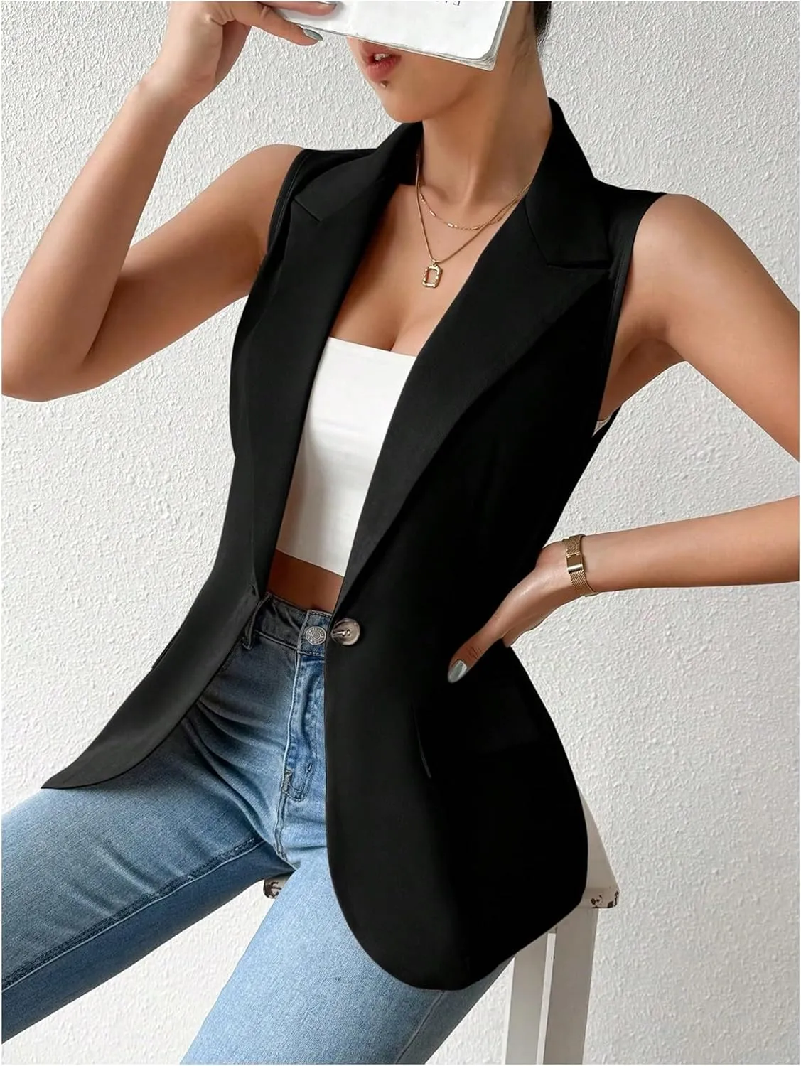 GORGLITTER Women's Plaid Sleeveless Blazer Vest Lapel Neck Open Front Office Work Lightweight Long Vest Tops