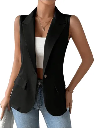 GORGLITTER Women's Plaid Sleeveless Blazer Vest Lapel Neck Open Front Office Work Lightweight Long Vest Tops