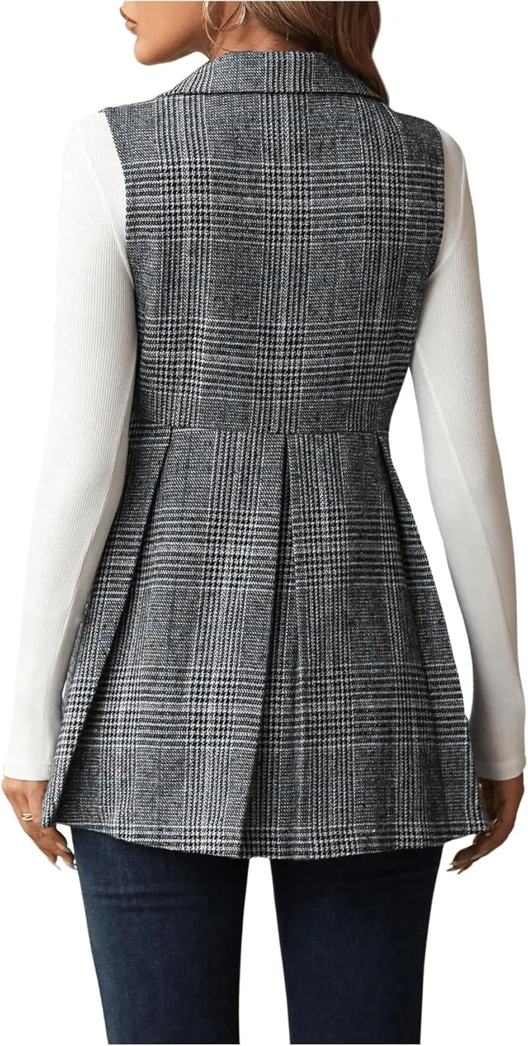 GORGLITTER Women's Plaid Sleeveless Long Vest Cardigan Business Casual Work Fall Blazers Outfits For Women 2024