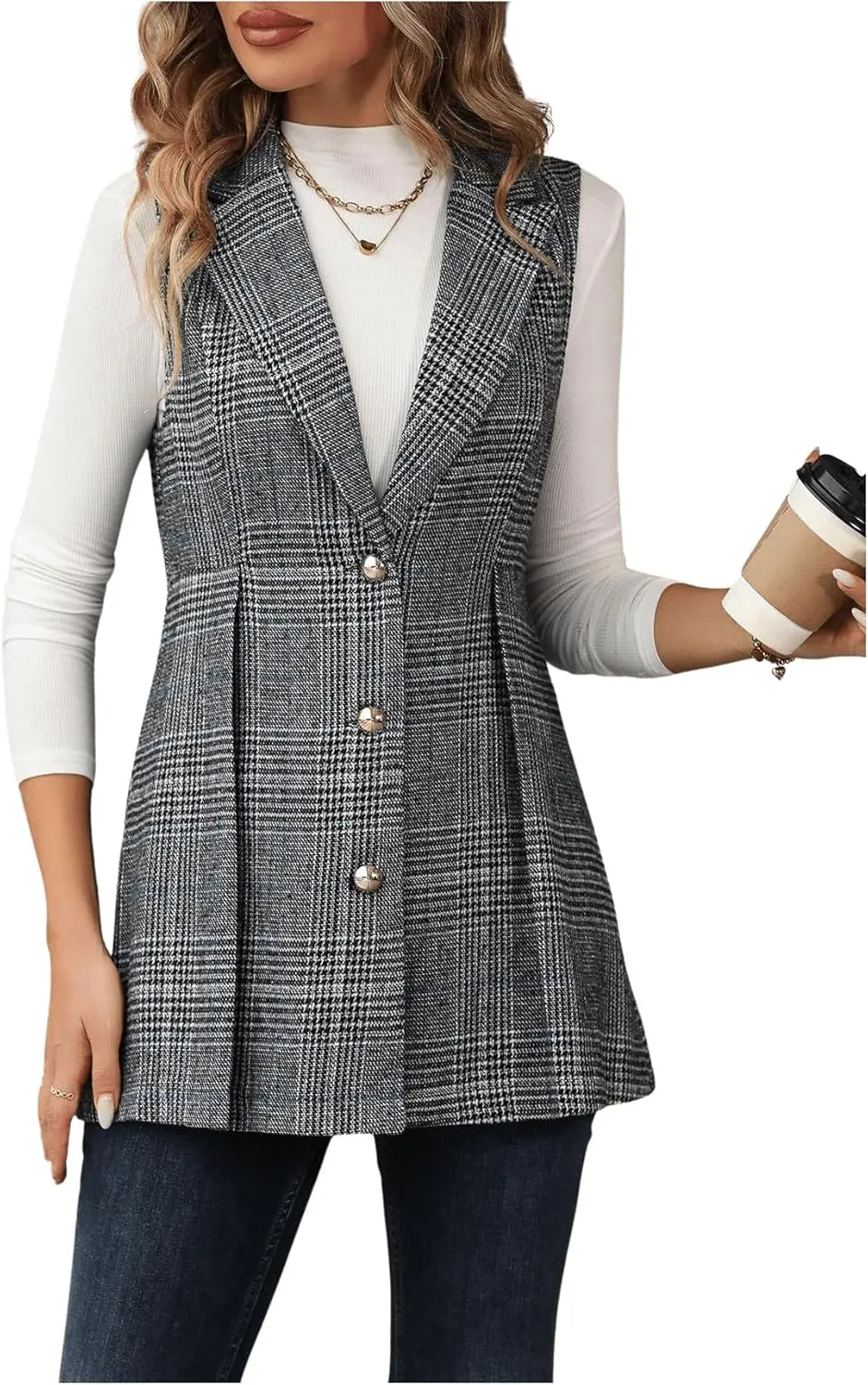GORGLITTER Women's Plaid Sleeveless Long Vest Cardigan Business Casual Work Fall Blazers Outfits For Women 2024