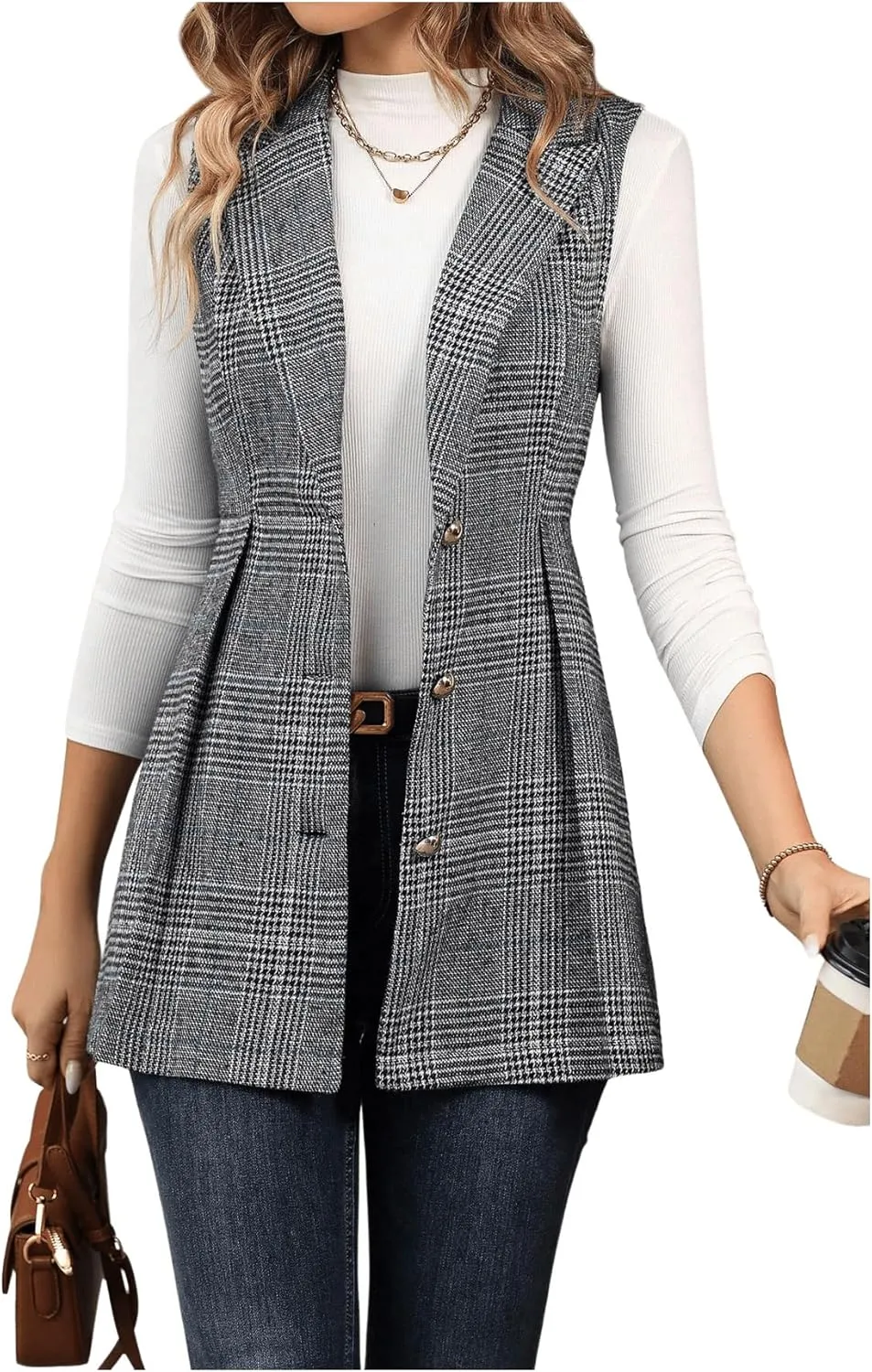 GORGLITTER Women's Plaid Sleeveless Long Vest Cardigan Business Casual Work Fall Blazers Outfits For Women 2024
