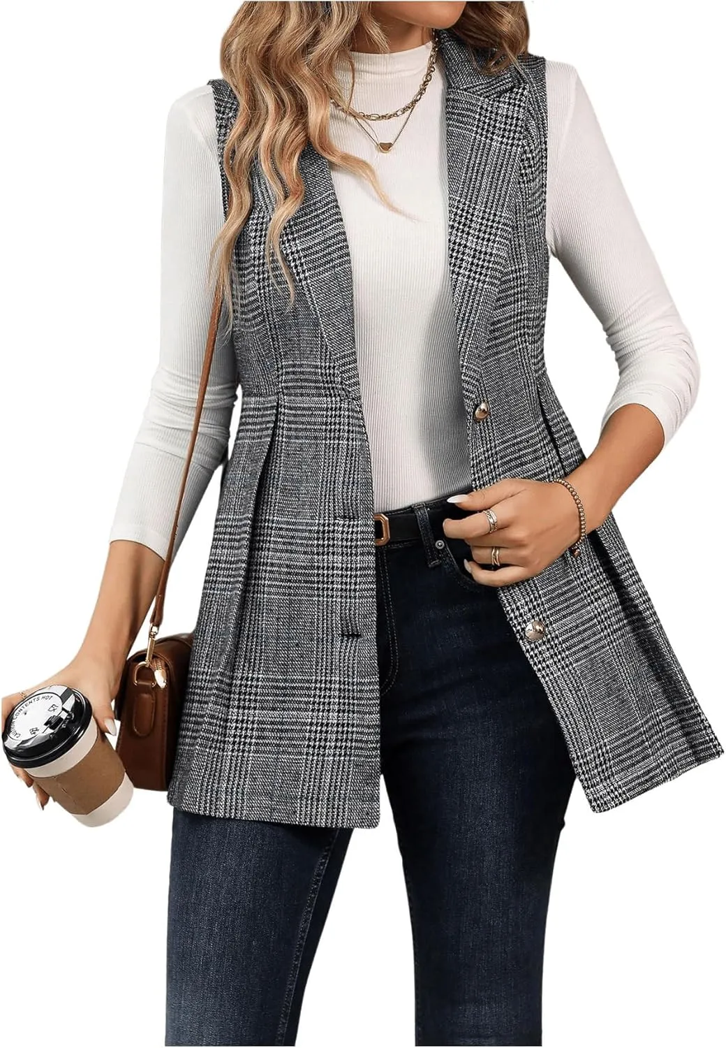 GORGLITTER Women's Plaid Sleeveless Long Vest Cardigan Business Casual Work Fall Blazers Outfits For Women 2024