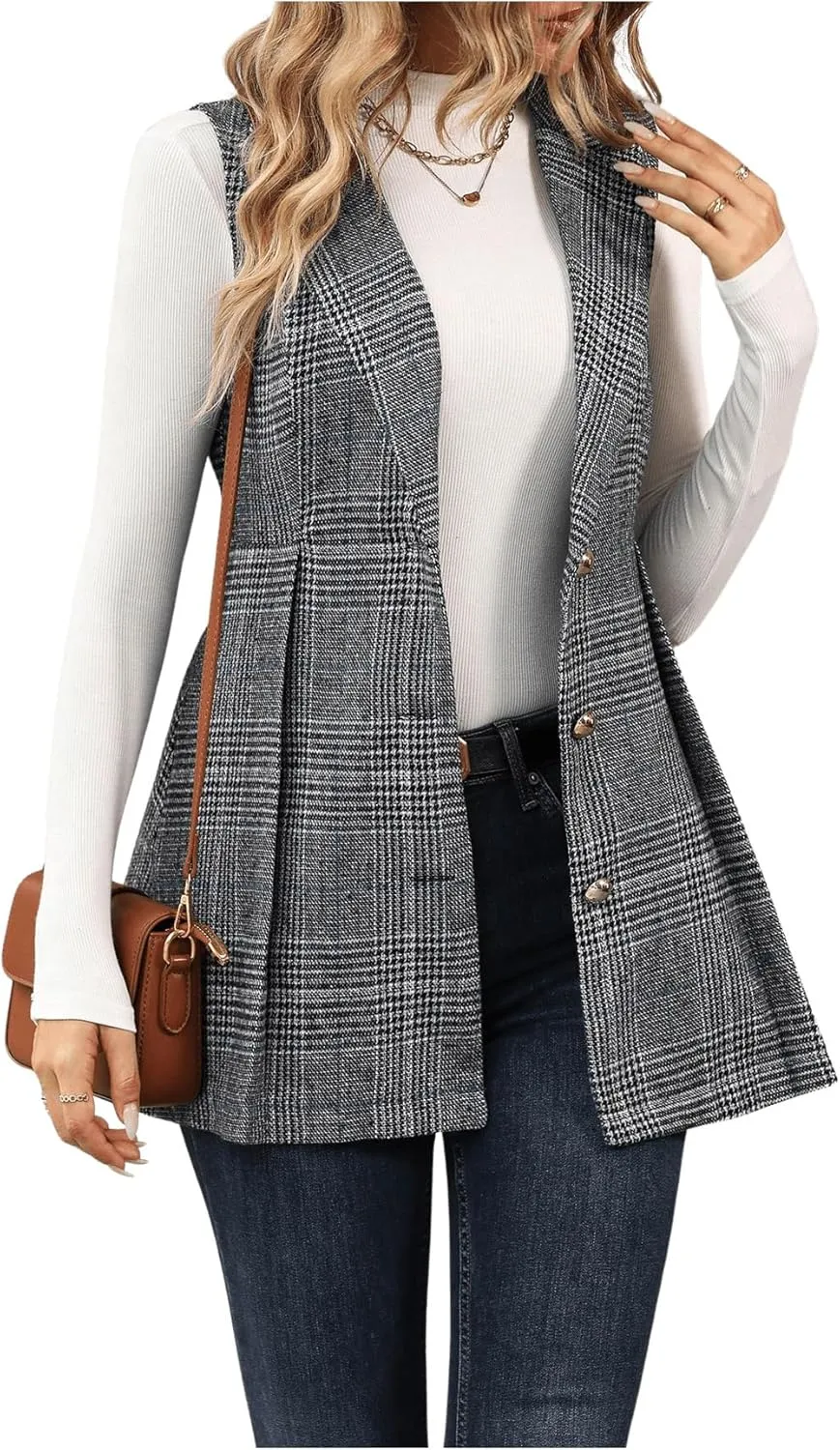 GORGLITTER Women's Plaid Sleeveless Long Vest Cardigan Business Casual Work Fall Blazers Outfits For Women 2024