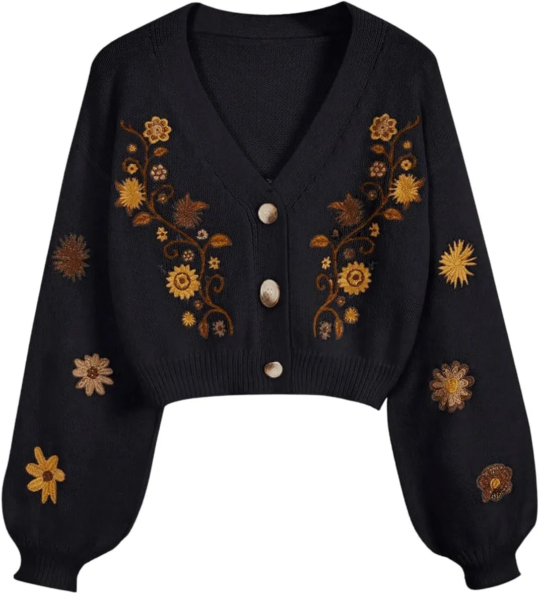 GORGLITTER Women's V Neck Floral Embroidered Cardigan Sweaters Lantern Sleeve Button Down Cropped Cardigan