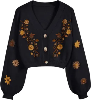GORGLITTER Women's V Neck Floral Embroidered Cardigan Sweaters Lantern Sleeve Button Down Cropped Cardigan