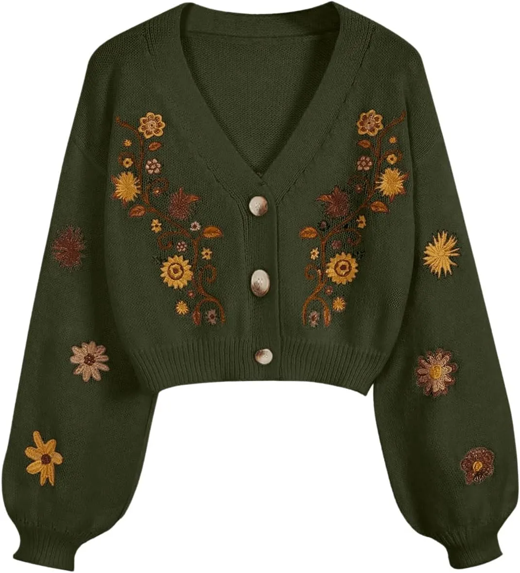 GORGLITTER Women's V Neck Floral Embroidered Cardigan Sweaters Lantern Sleeve Button Down Cropped Cardigan