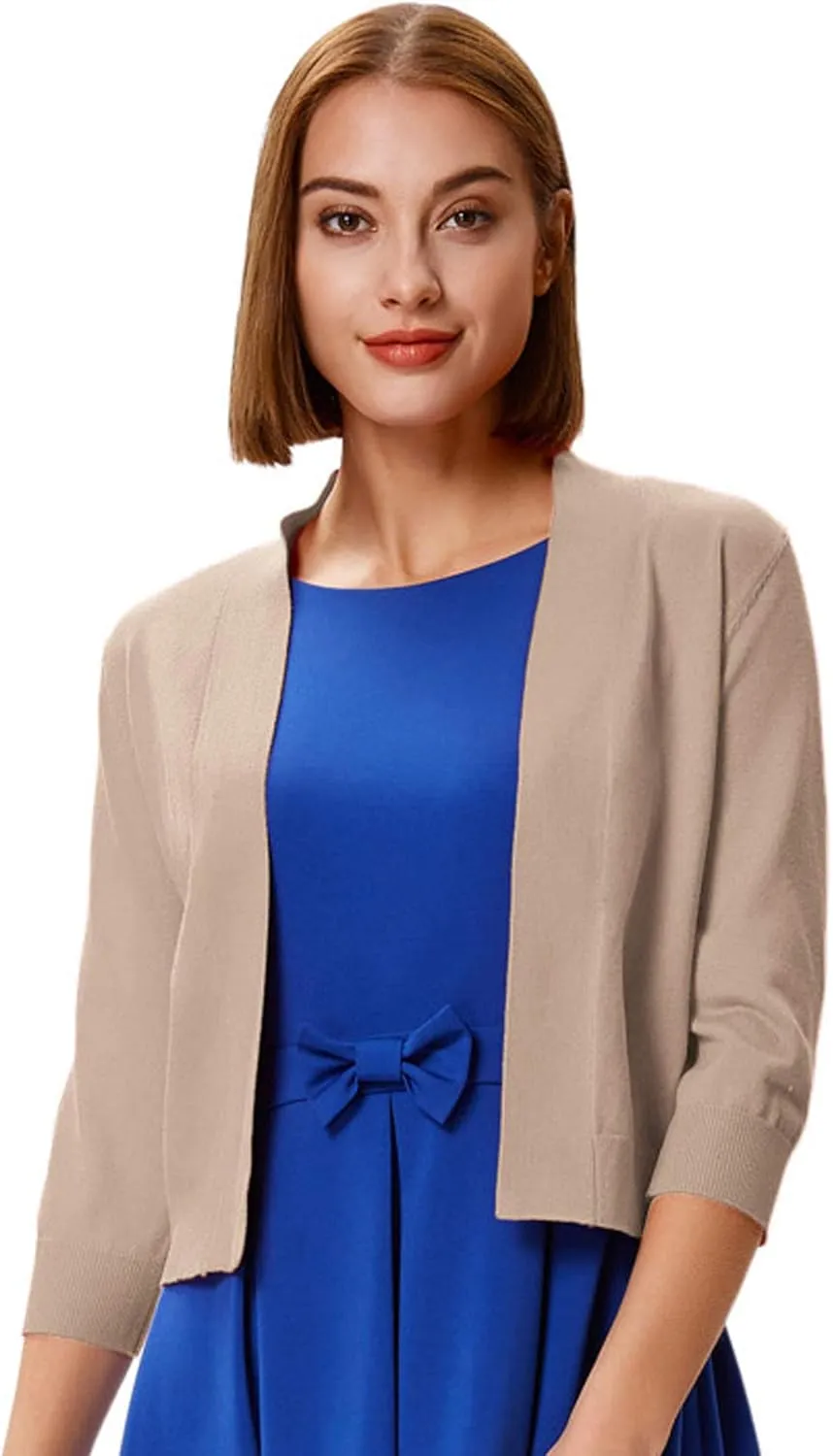 GRACE KARIN Women's 3/4 Sleeve Cardigan Knit Sweaters Cropped Open Front Shrug Bolero