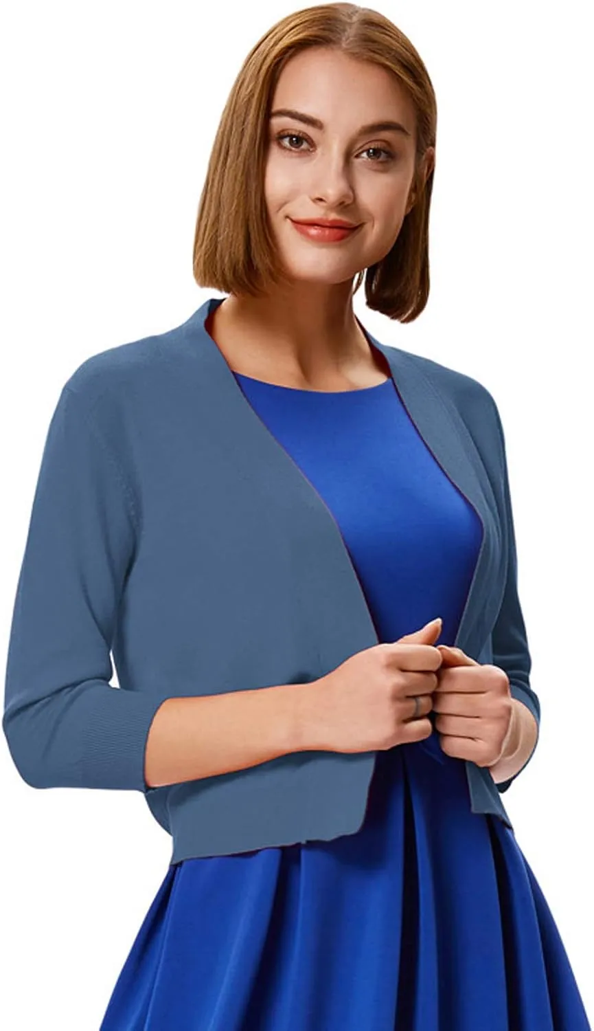 GRACE KARIN Women's 3/4 Sleeve Cardigan Knit Sweaters Cropped Open Front Shrug Bolero