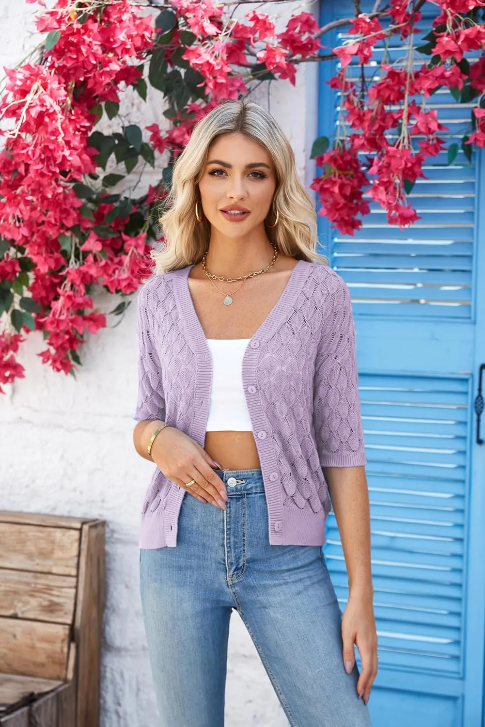 GRACE KARIN Women's Summer Short Sleeve Cropped Cardigan Sweaters Crochet Knit Shrug Open Front V-Neck Button up Tops