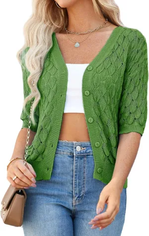 GRACE KARIN Women's Summer Short Sleeve Cropped Cardigan Sweaters Crochet Knit Shrug Open Front V-Neck Button up Tops