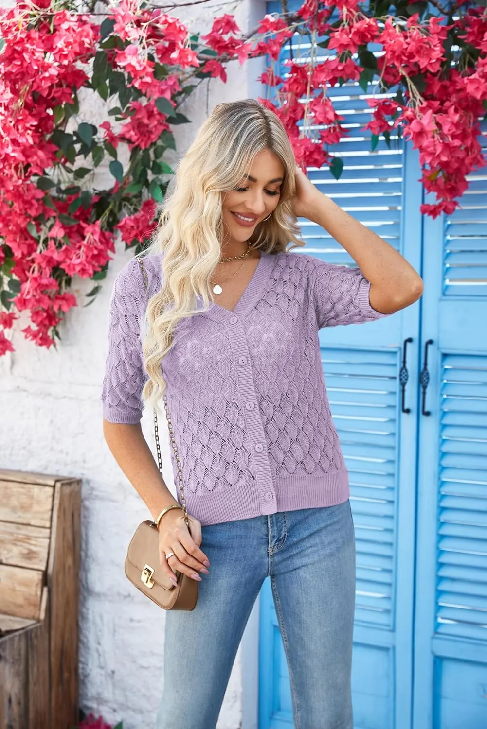 GRACE KARIN Women's Summer Short Sleeve Cropped Cardigan Sweaters Crochet Knit Shrug Open Front V-Neck Button up Tops