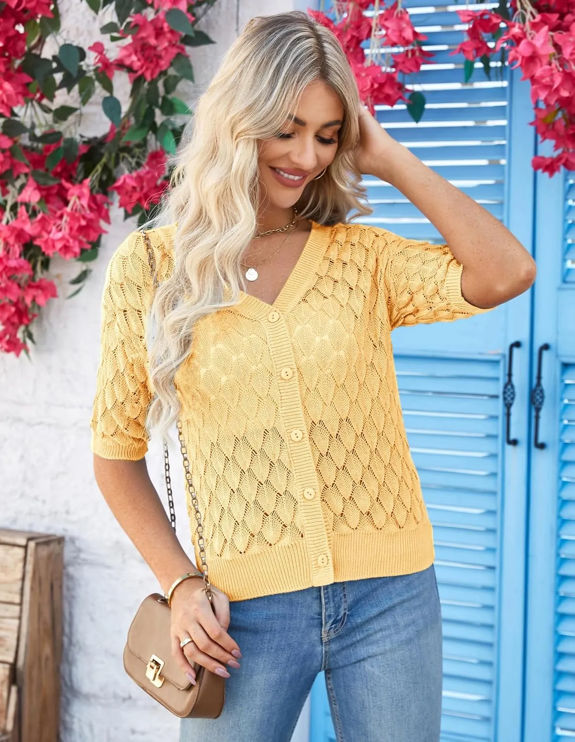 GRACE KARIN Women's Summer Short Sleeve Cropped Cardigan Sweaters Crochet Knit Shrug Open Front V-Neck Button up Tops