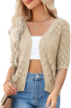 GRACE KARIN Women's Summer Short Sleeve Cropped Cardigan Sweaters Crochet Knit Shrug Open Front V-Neck Button up Tops
