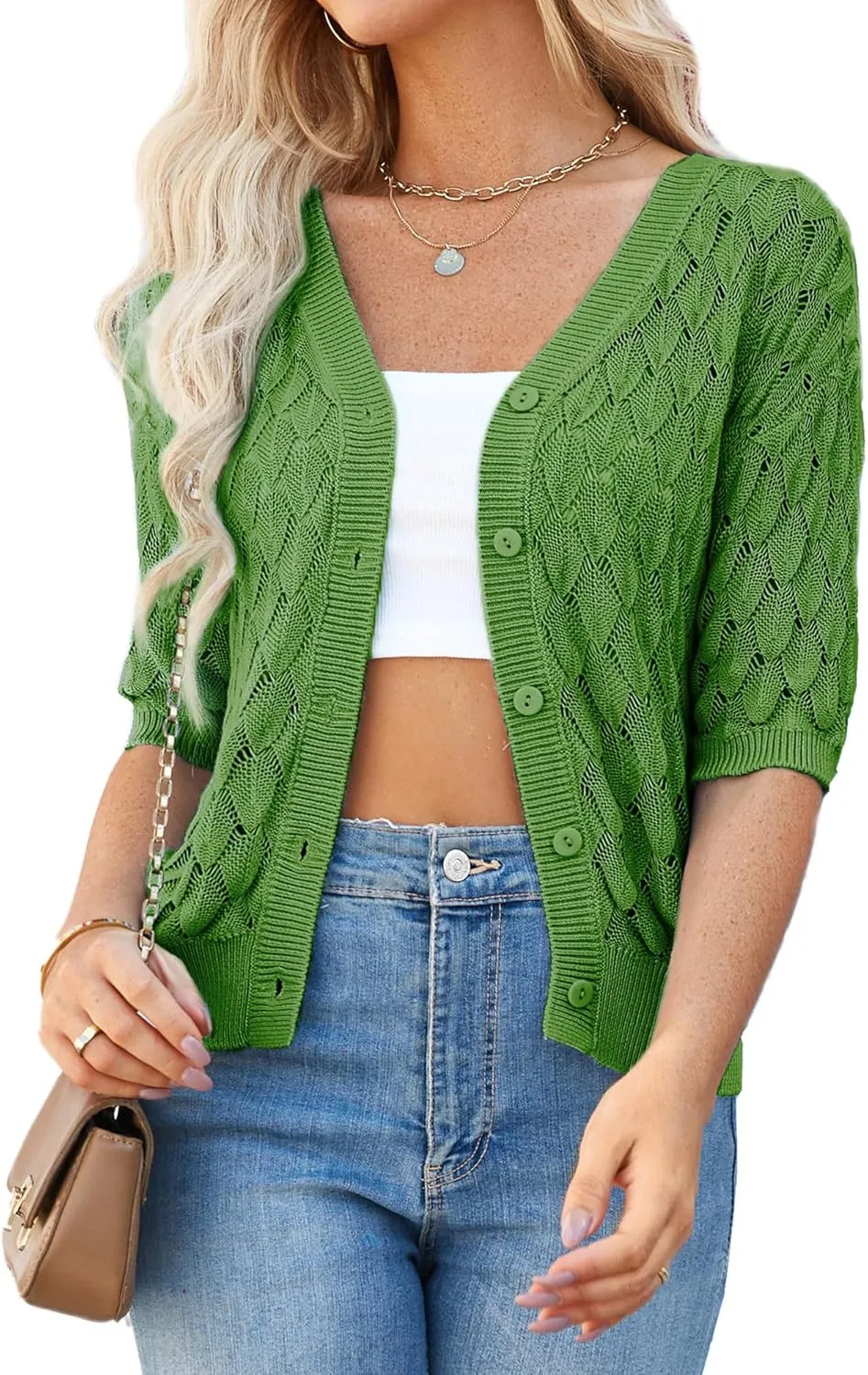 GRACE KARIN Women's Summer Short Sleeve Cropped Cardigan Sweaters Crochet Knit Shrug Open Front V-Neck Button up Tops