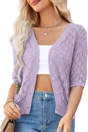 GRACE KARIN Women's Summer Short Sleeve Cropped Cardigan Sweaters Crochet Knit Shrug Open Front V-Neck Button up Tops