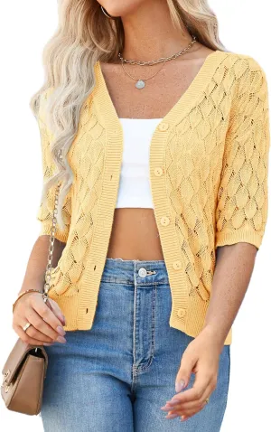 GRACE KARIN Women's Summer Short Sleeve Cropped Cardigan Sweaters Crochet Knit Shrug Open Front V-Neck Button up Tops