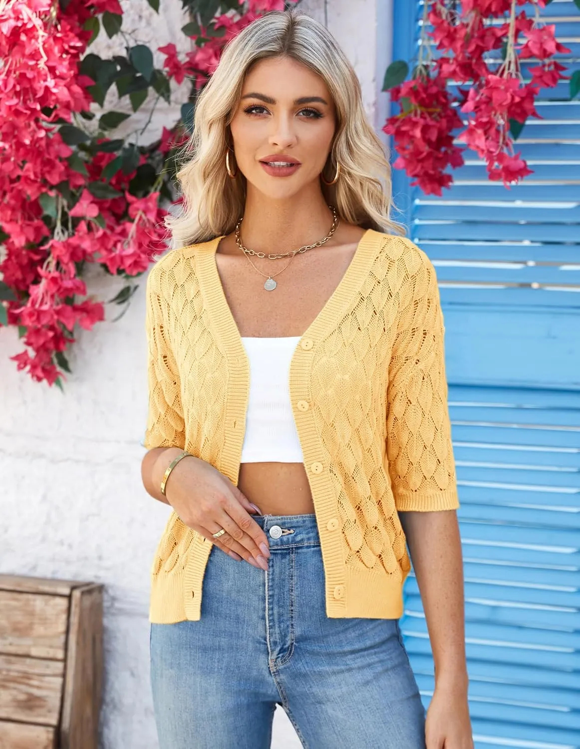 GRACE KARIN Women's Summer Short Sleeve Cropped Cardigan Sweaters Crochet Knit Shrug Open Front V-Neck Button up Tops