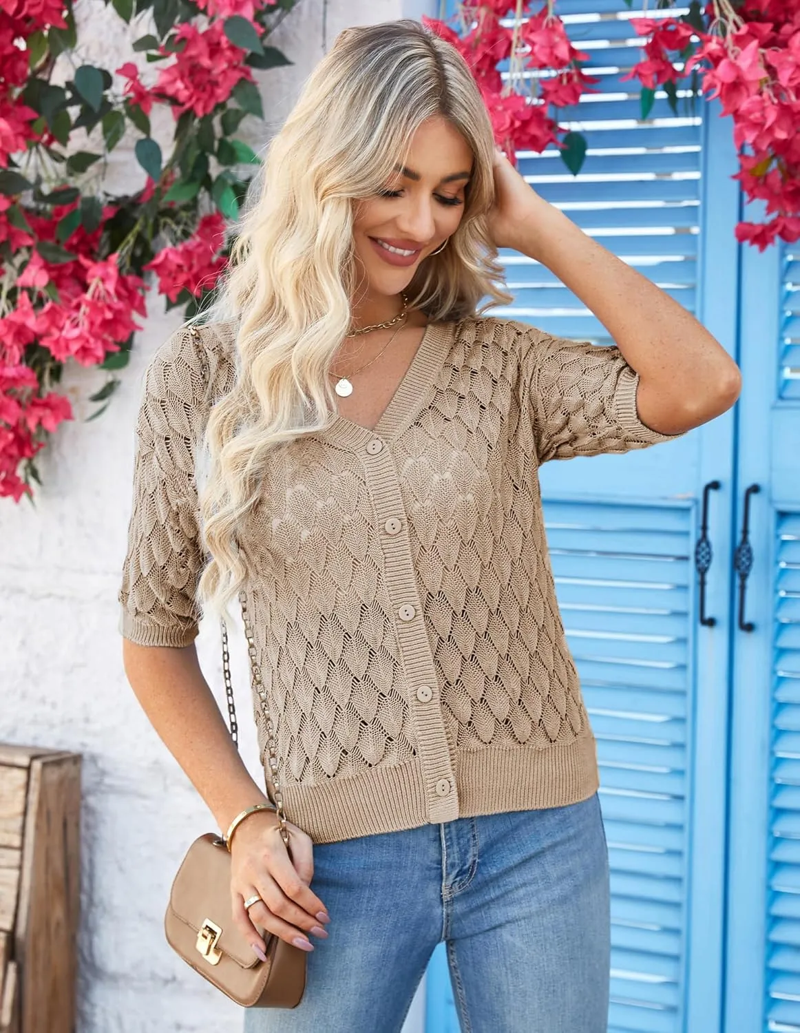 GRACE KARIN Women's Summer Short Sleeve Cropped Cardigan Sweaters Crochet Knit Shrug Open Front V-Neck Button up Tops