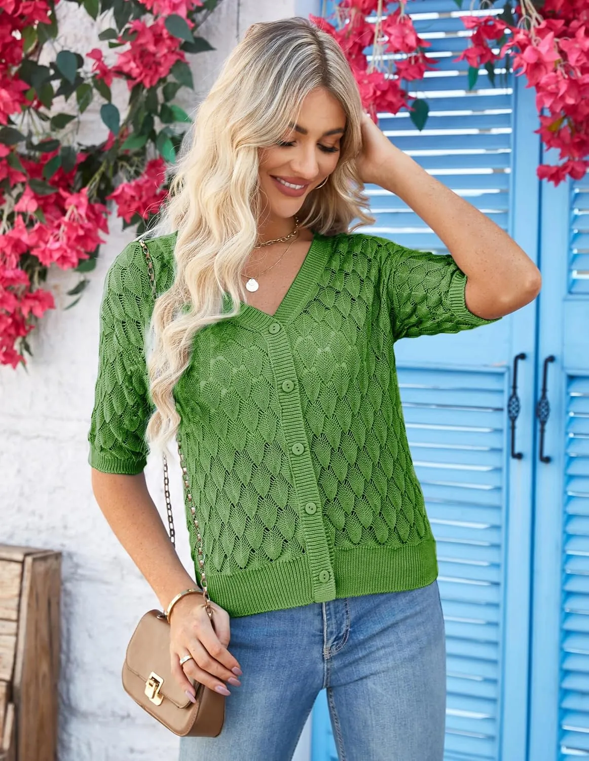 GRACE KARIN Women's Summer Short Sleeve Cropped Cardigan Sweaters Crochet Knit Shrug Open Front V-Neck Button up Tops