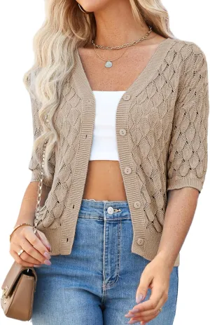 GRACE KARIN Women's Summer Short Sleeve Cropped Cardigan Sweaters Crochet Knit Shrug Open Front V-Neck Button up Tops