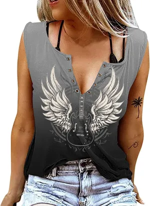 Guitar Wings Tank Tops for Women Retro Country Music Shirt Rock Guitar Graphic Tees Casual V Neck Sleeveless Vest Cami