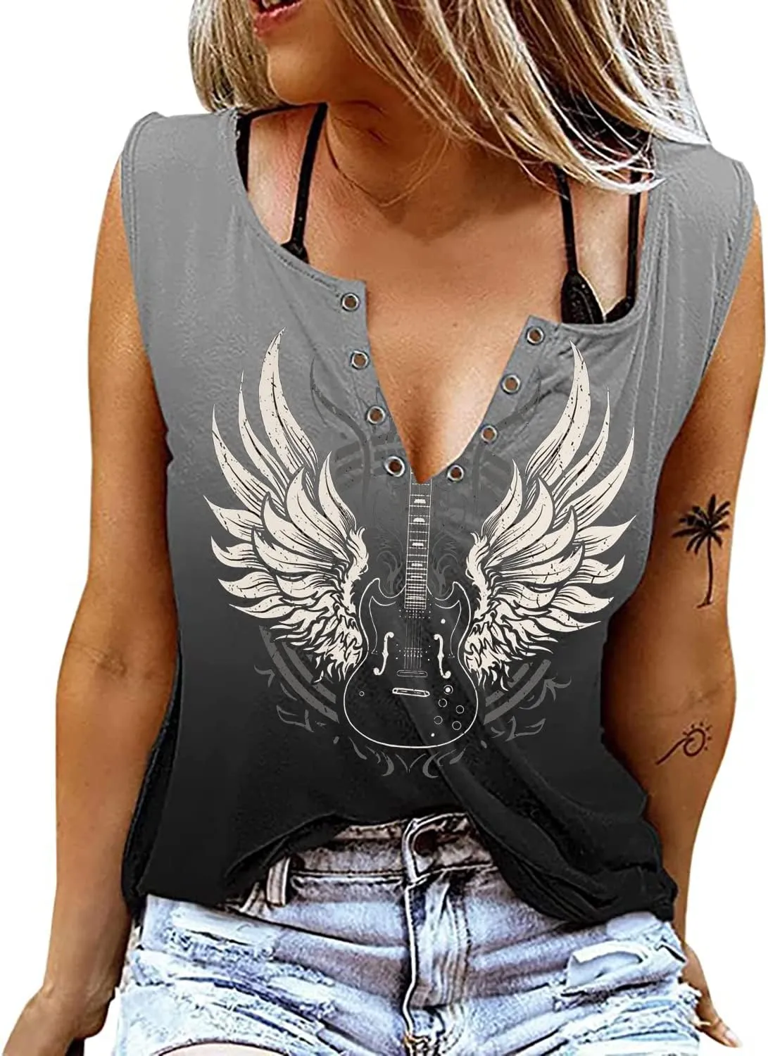 Guitar Wings Tank Tops for Women Retro Country Music Shirt Rock Guitar Graphic Tees Casual V Neck Sleeveless Vest Cami