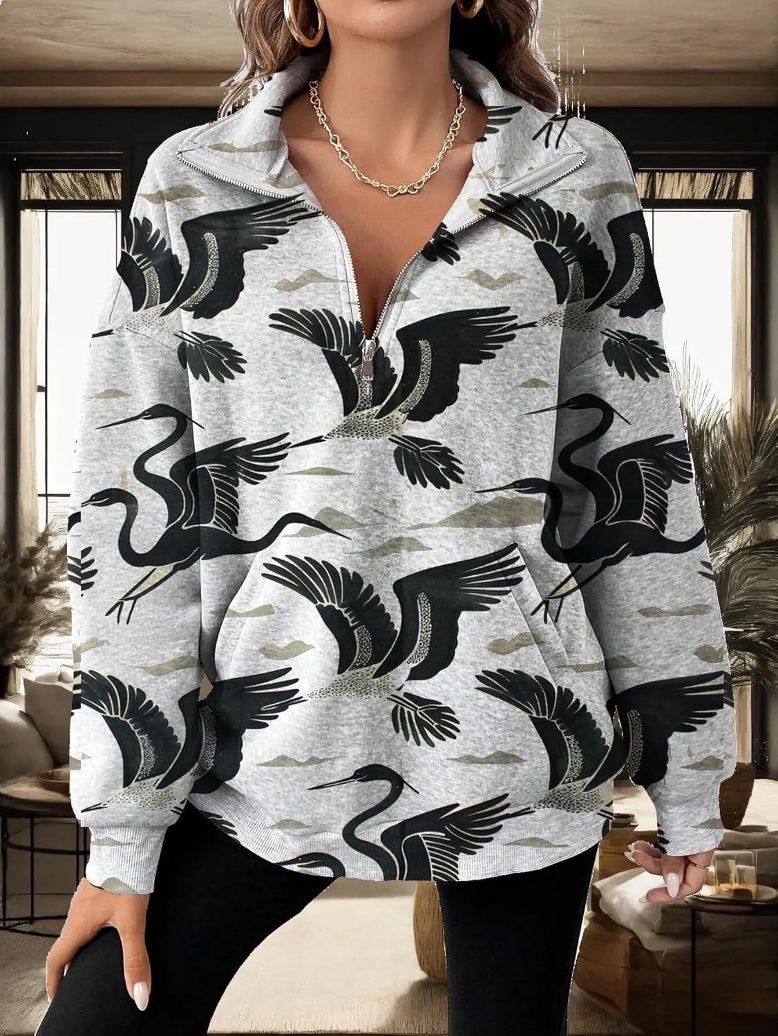 Half Zip Pullover Sweatshirt for Women Floral Oversized Outfits Long Sleeve Casual Fall Shirts with Pockets