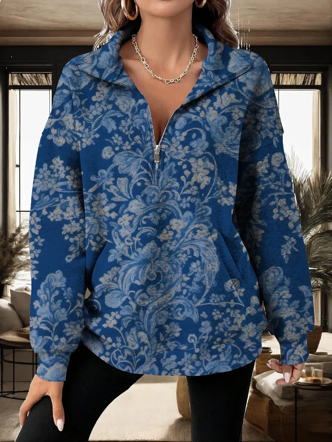 Half Zip Pullover Sweatshirt for Women Floral Oversized Outfits Long Sleeve Casual Fall Shirts with Pockets