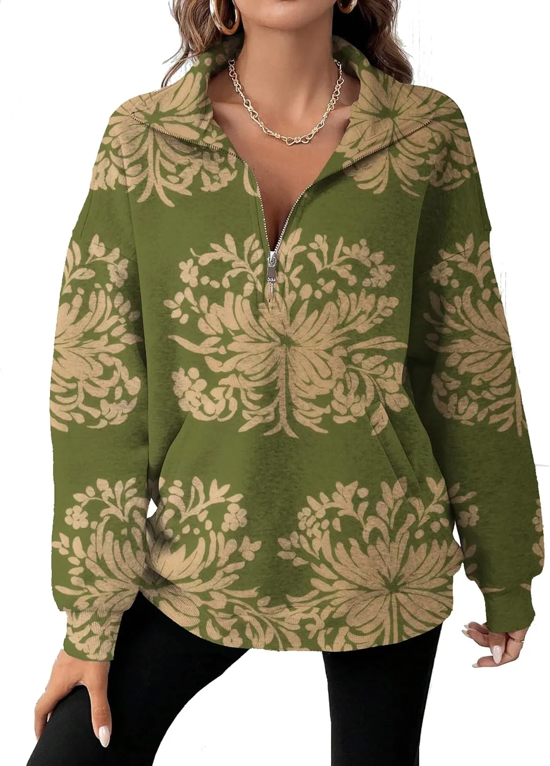 Half Zip Pullover Sweatshirt for Women Floral Oversized Outfits Long Sleeve Casual Fall Shirts with Pockets