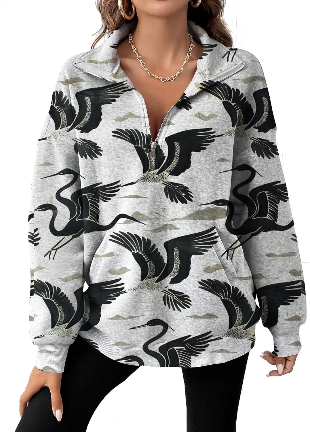 Half Zip Pullover Sweatshirt for Women Floral Oversized Outfits Long Sleeve Casual Fall Shirts with Pockets
