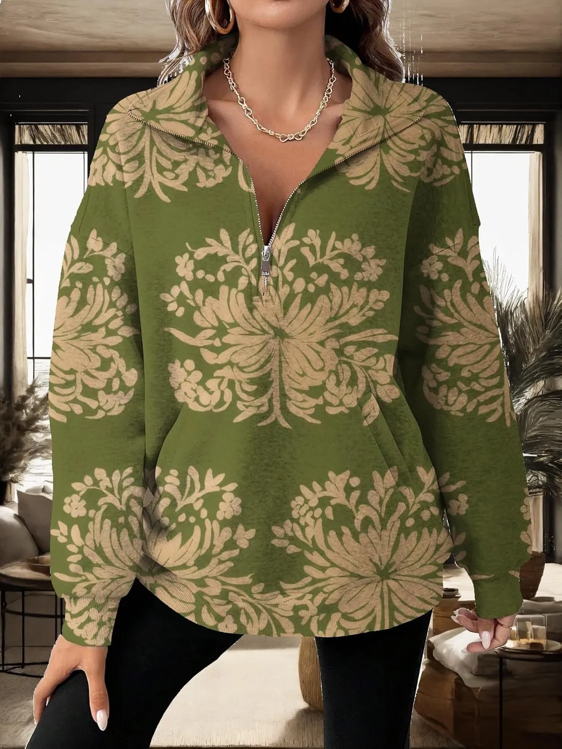 Half Zip Pullover Sweatshirt for Women Floral Oversized Outfits Long Sleeve Casual Fall Shirts with Pockets