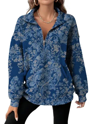 Half Zip Pullover Sweatshirt for Women Floral Oversized Outfits Long Sleeve Casual Fall Shirts with Pockets