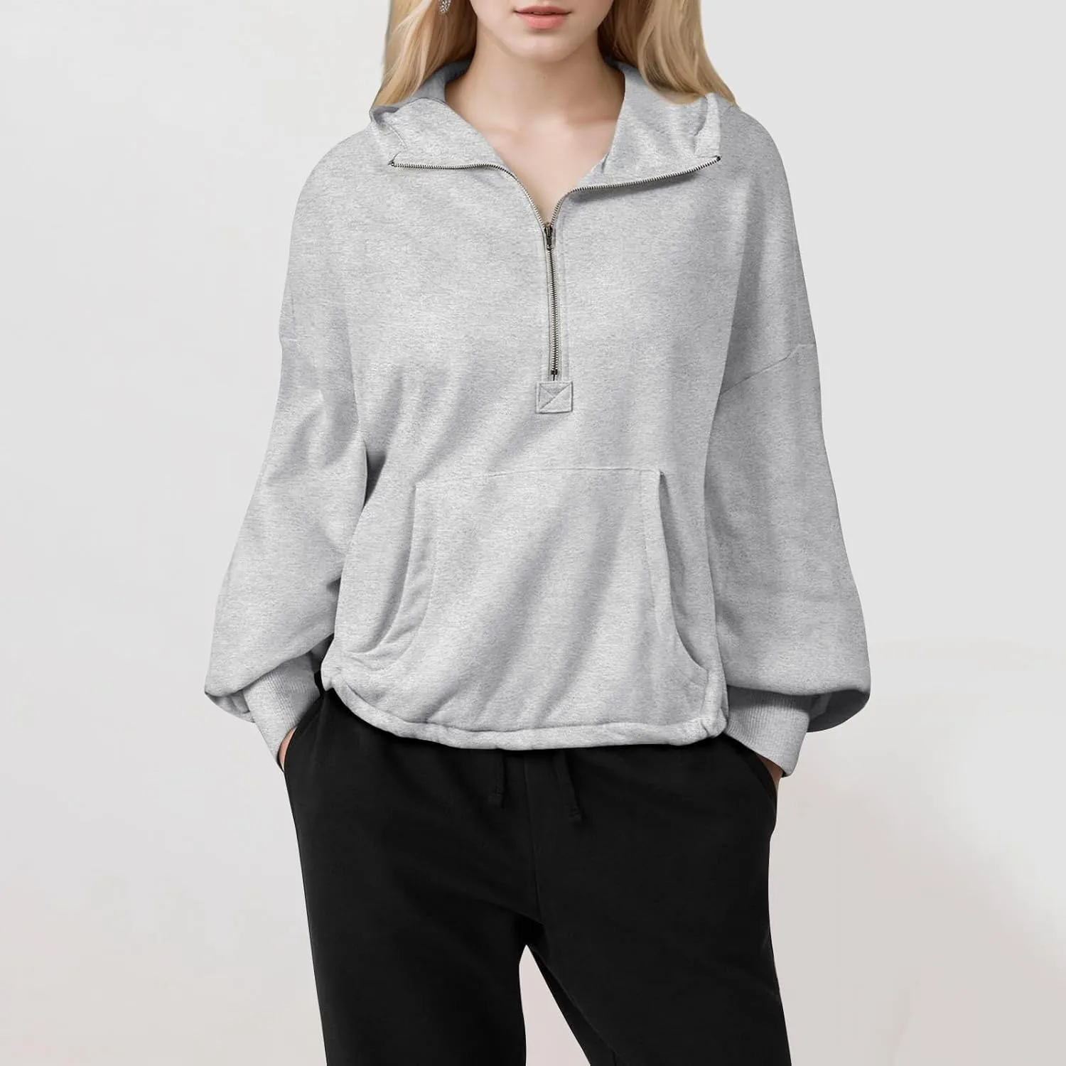 Half Zip Pullover Women Casual Long Sleeve Lapel Hooded Sweatshirt Cute Hoodies with Adjustable Drawstring Bottom