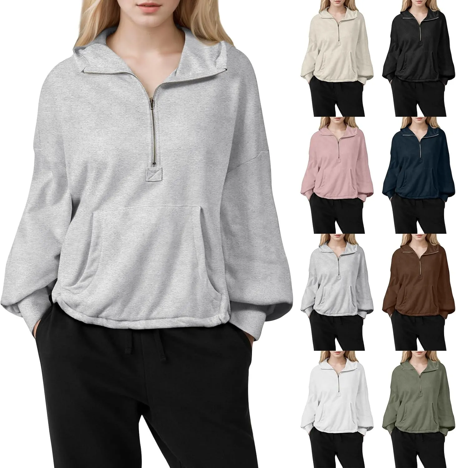 Half Zip Pullover Women Casual Long Sleeve Lapel Hooded Sweatshirt Cute Hoodies with Adjustable Drawstring Bottom