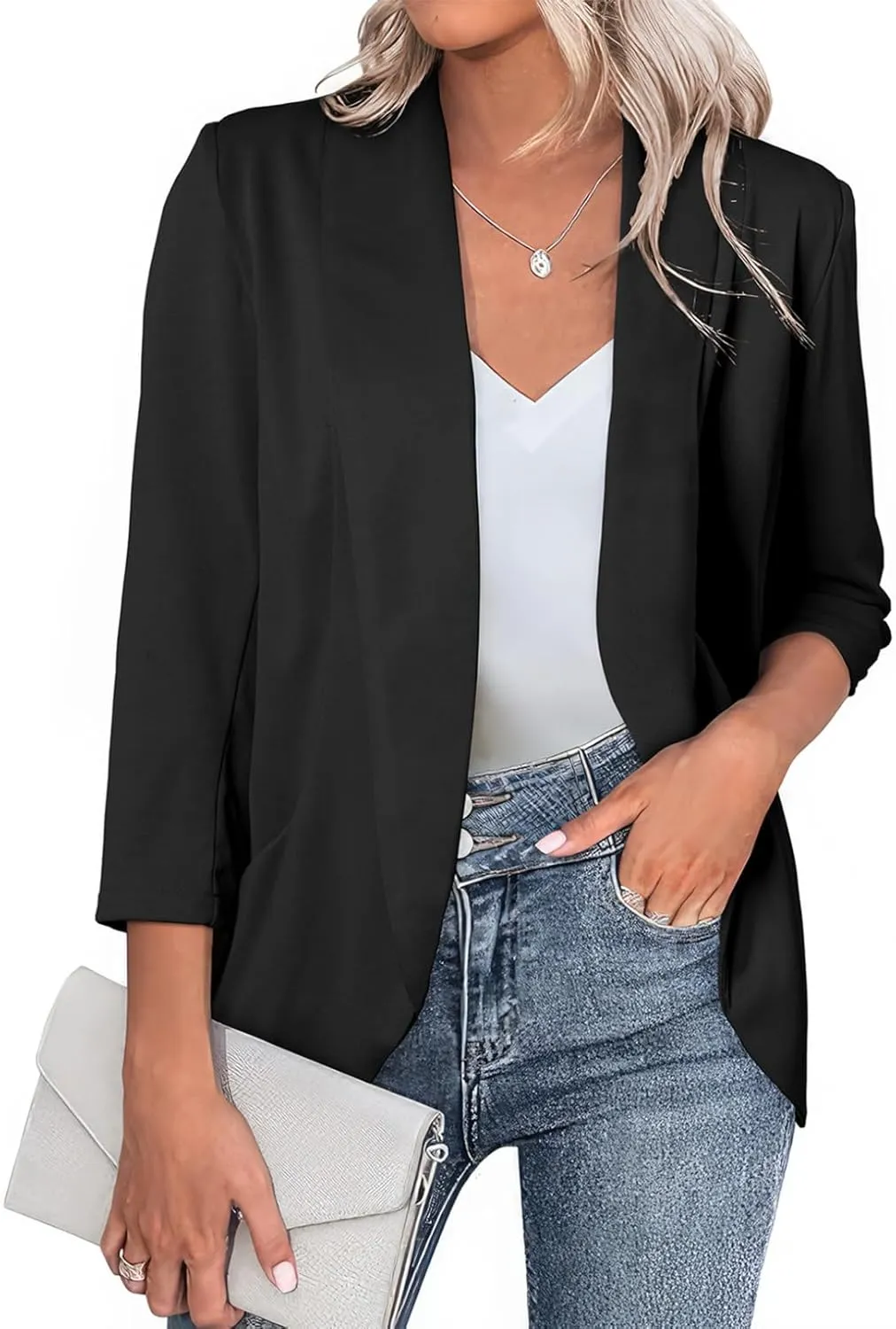 Happy Sailed Blazer Jackets for Women Open Front 3/4 Sleeve Work Office Suits Spring Summer Black Small