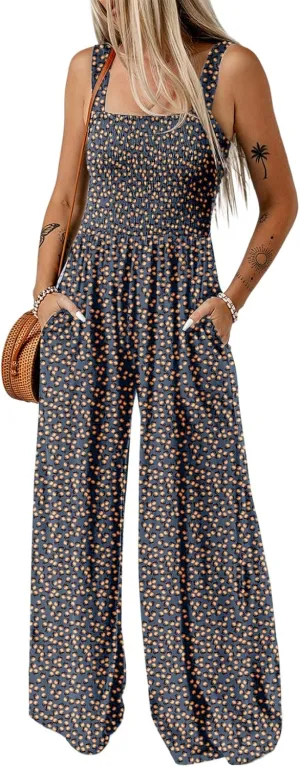 Happy Sailed Overalls for Women Floral Print Sleeveless Jumpsuit One Piece Jumpsuits Wide Leg Long Pant Rompers Boho Casual Summer Outfits Blue Small