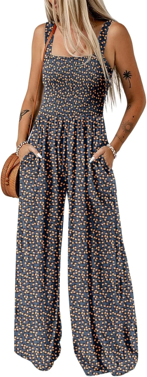 Happy Sailed Overalls for Women Floral Print Sleeveless Jumpsuit One Piece Jumpsuits Wide Leg Long Pant Rompers Boho Casual Summer Outfits Blue Small