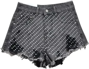 Heavy Embroidery Hot Diamond Denim Shorts for Women Summer High Waist Hottie Ripped Edge Wide Leg Pants