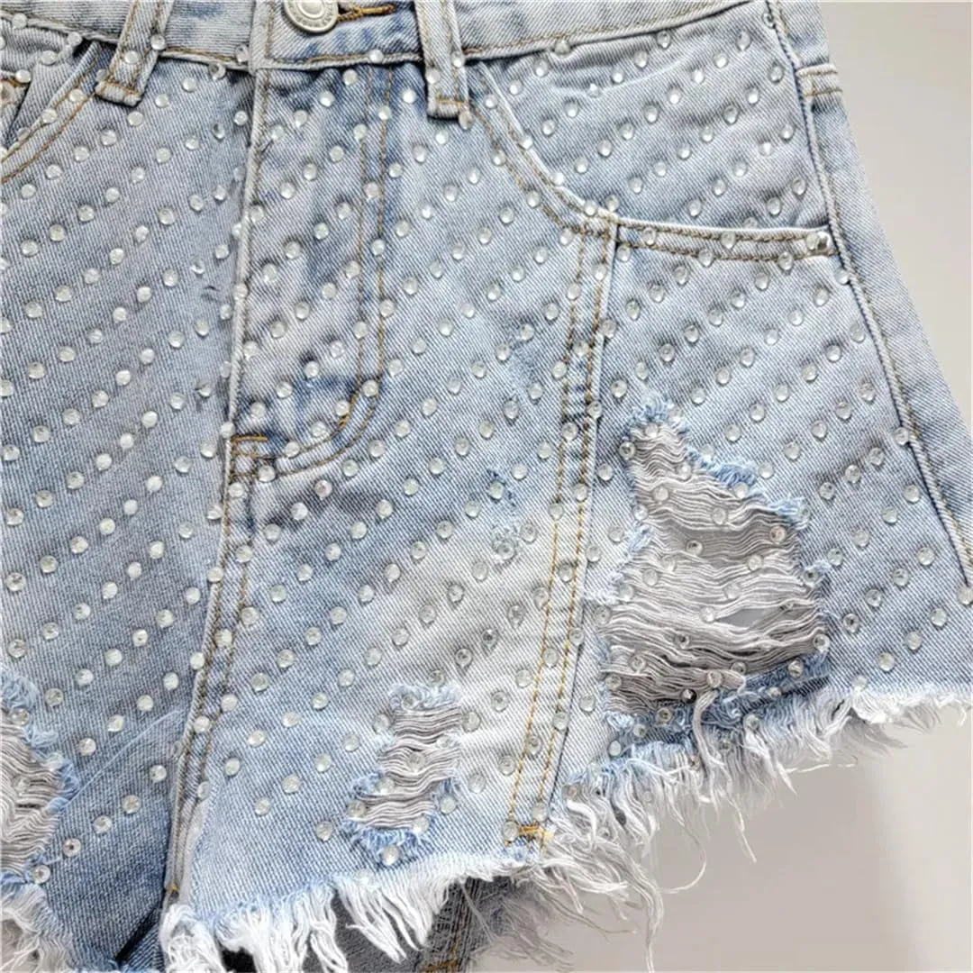 Heavy Embroidery Hot Diamond Denim Shorts for Women Summer High Waist Hottie Ripped Edge Wide Leg Pants