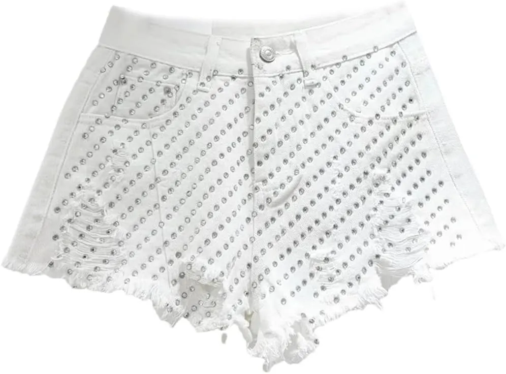 Heavy Embroidery Hot Diamond Denim Shorts for Women Summer High Waist Hottie Ripped Edge Wide Leg Pants