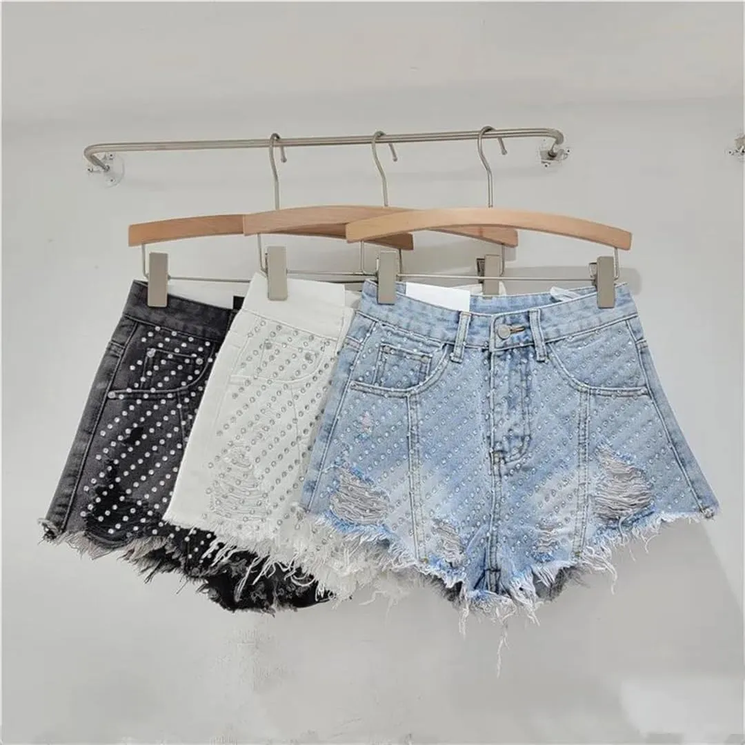 Heavy Embroidery Hot Diamond Denim Shorts for Women Summer High Waist Hottie Ripped Edge Wide Leg Pants
