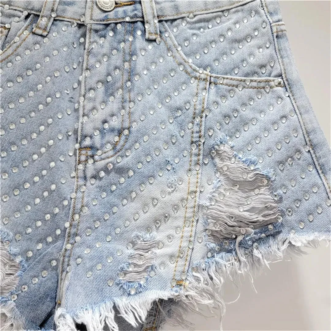 Heavy Embroidery Hot Diamond Denim Shorts for Women Summer High Waist Hottie Ripped Edge Wide Leg Pants