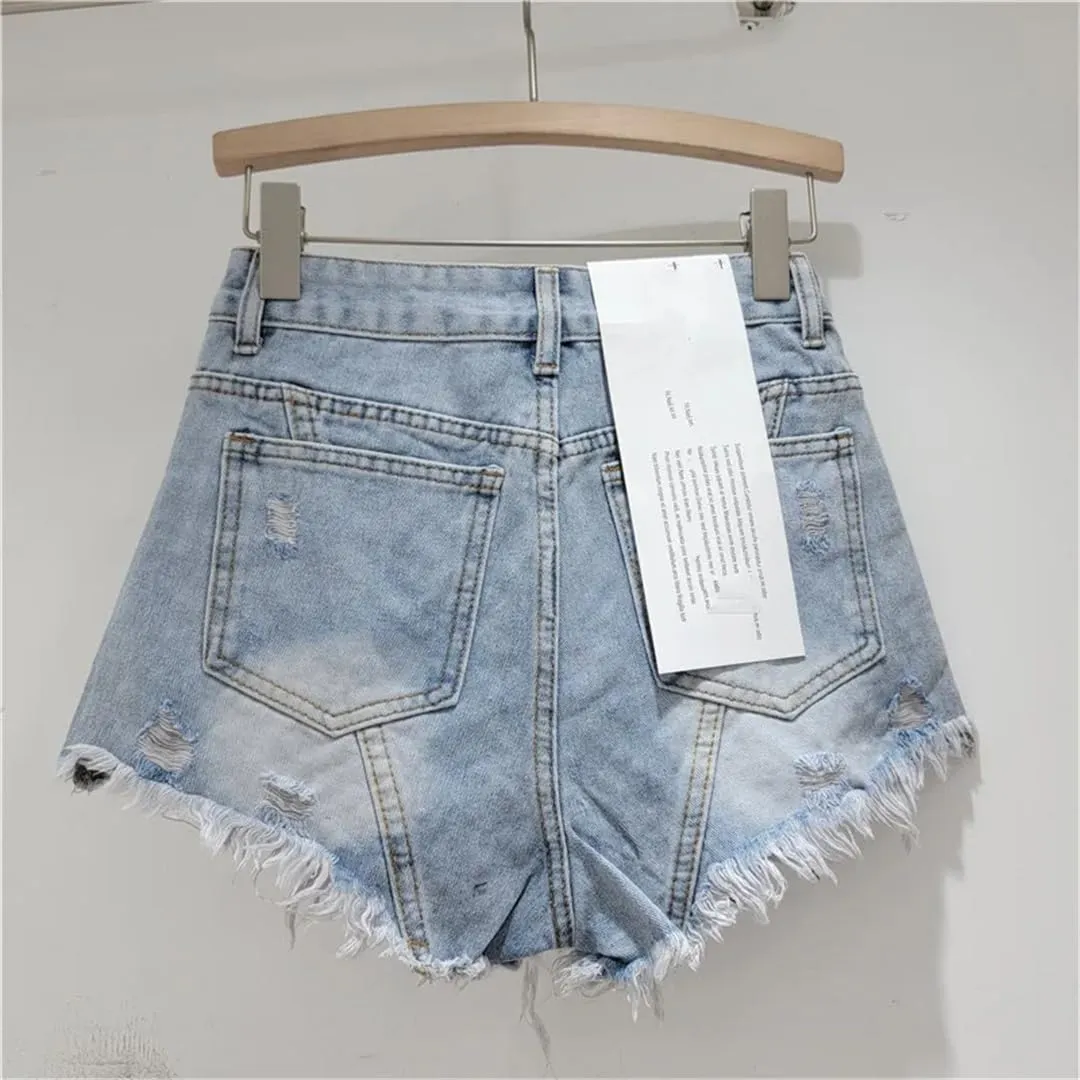 Heavy Embroidery Hot Diamond Denim Shorts for Women Summer High Waist Hottie Ripped Edge Wide Leg Pants