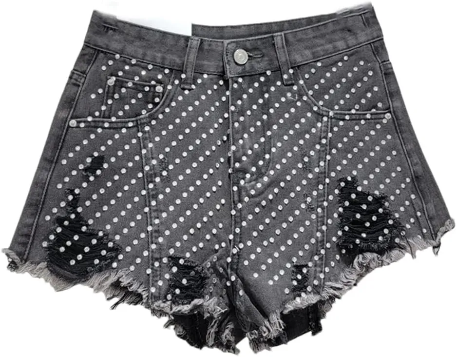 Heavy Embroidery Hot Diamond Denim Shorts for Women Summer High Waist Hottie Ripped Edge Wide Leg Pants