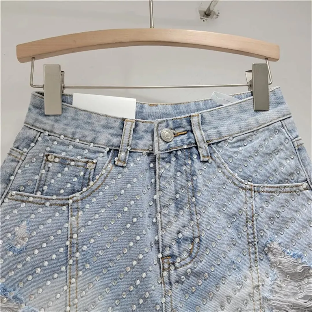 Heavy Embroidery Hot Diamond Denim Shorts for Women Summer High Waist Hottie Ripped Edge Wide Leg Pants