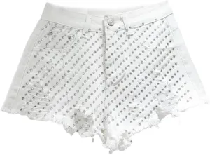 Heavy Embroidery Hot Diamond Denim Shorts for Women Summer High Waist Hottie Ripped Edge Wide Leg Pants