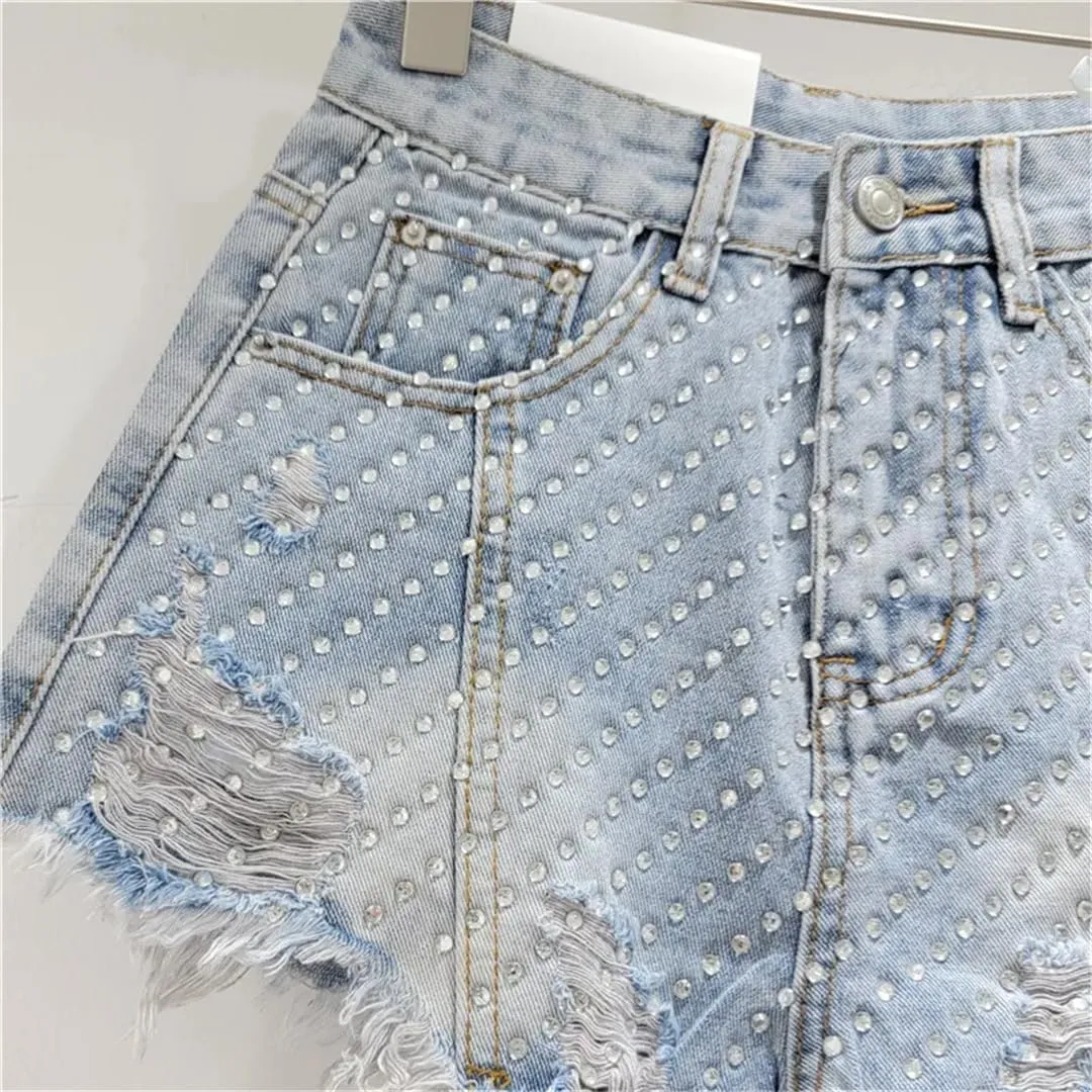 Heavy Embroidery Hot Diamond Denim Shorts for Women Summer High Waist Hottie Ripped Edge Wide Leg Pants