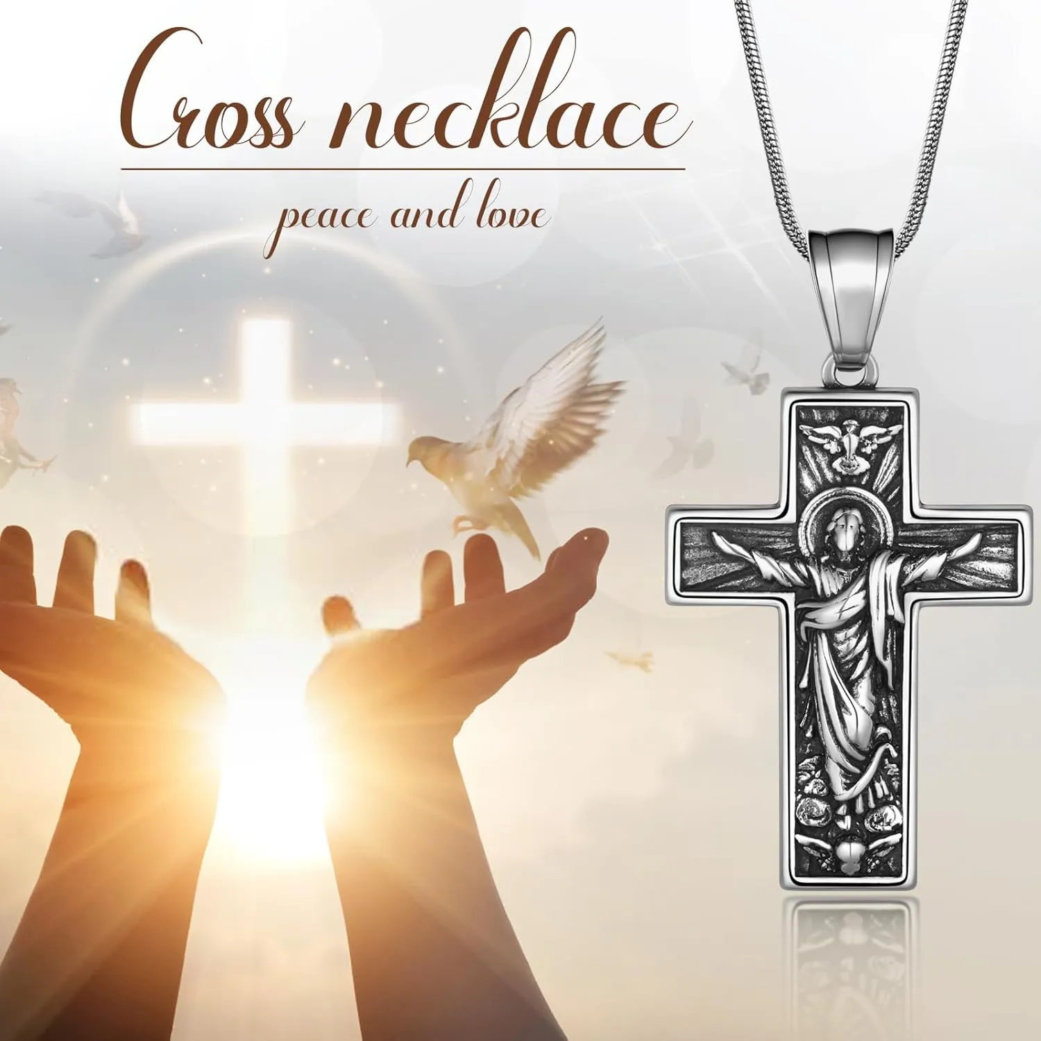 Hipunk Cross Crucifix Pendant Necklace - Stainless Steel Crucifix Jesus Christ Pendant Bible Prayer Religious Unisex Religious Baptism Madonna Eagle Necklace Jewelry