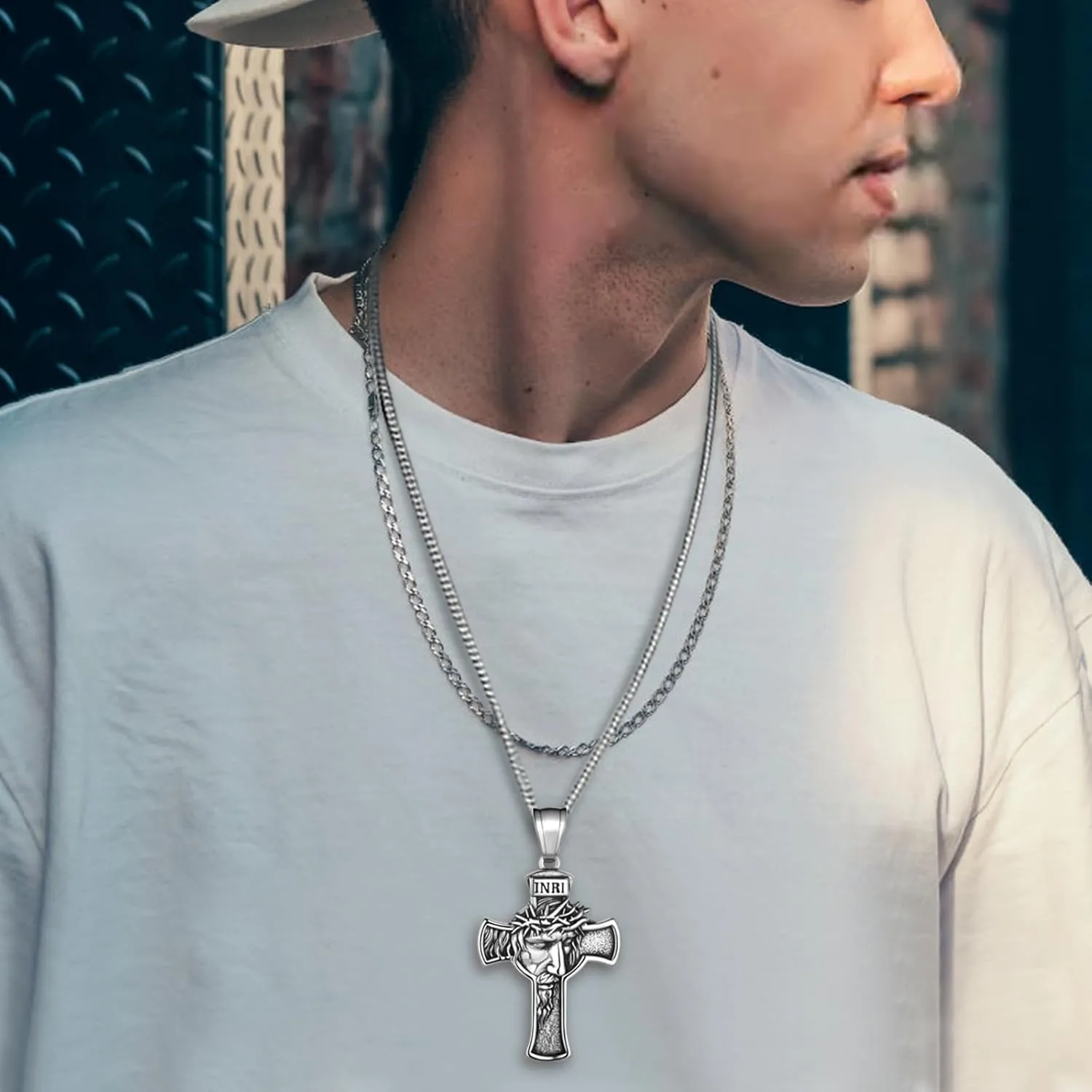 Hipunk Cross Crucifix Pendant Necklace - Stainless Steel Crucifix Jesus Christ Pendant Bible Prayer Religious Unisex Religious Baptism Madonna Eagle Necklace Jewelry