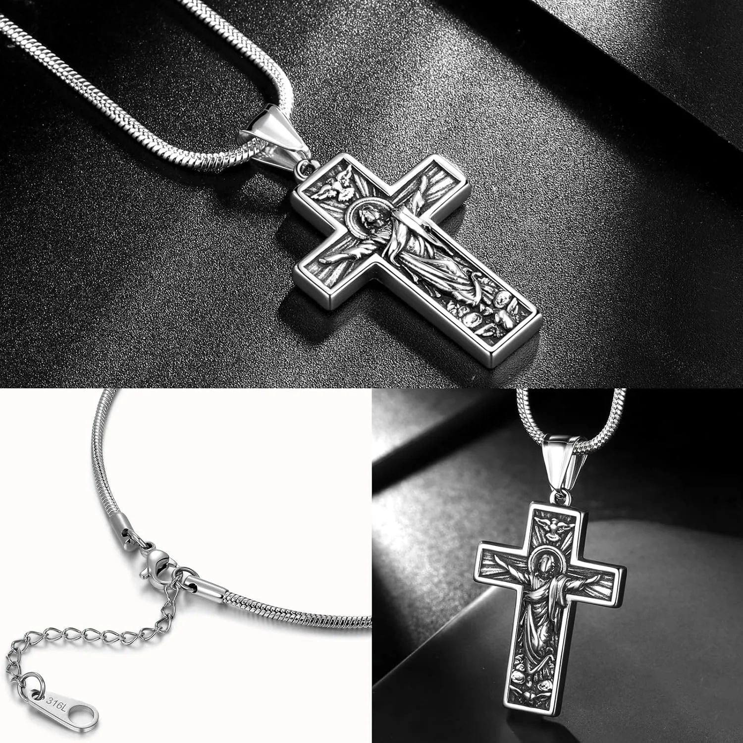 Hipunk Cross Crucifix Pendant Necklace - Stainless Steel Crucifix Jesus Christ Pendant Bible Prayer Religious Unisex Religious Baptism Madonna Eagle Necklace Jewelry